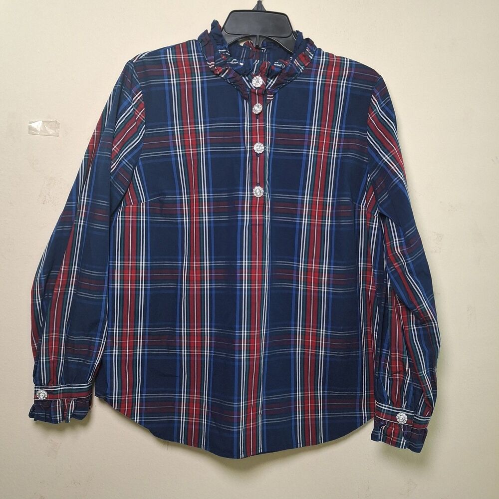 St. John Bay Tartan Plaid Ruffle Neck Holidays Blouse Top L Navy Red Rhinestone